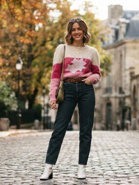 Italy Super Kid Mohair Pink Colorblock Maple Leaf Vintage Crew neck Sweater M